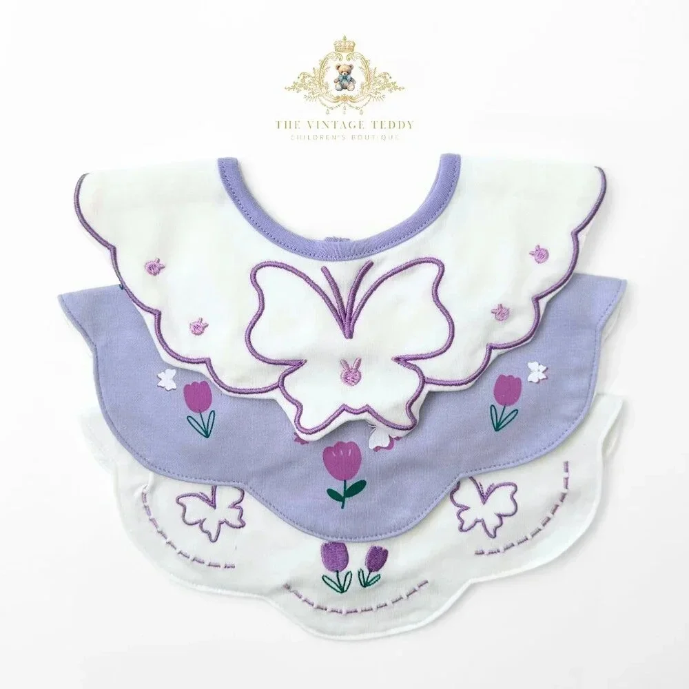 NWT Lovely Boutique Embroidered Girls Baby Bibs Tulips & Butterflies Set of 3